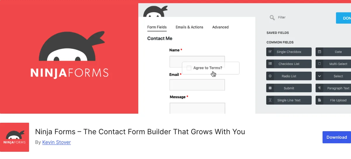 Ninja Forms plugin page on WordPress.org, free core with stored submissions