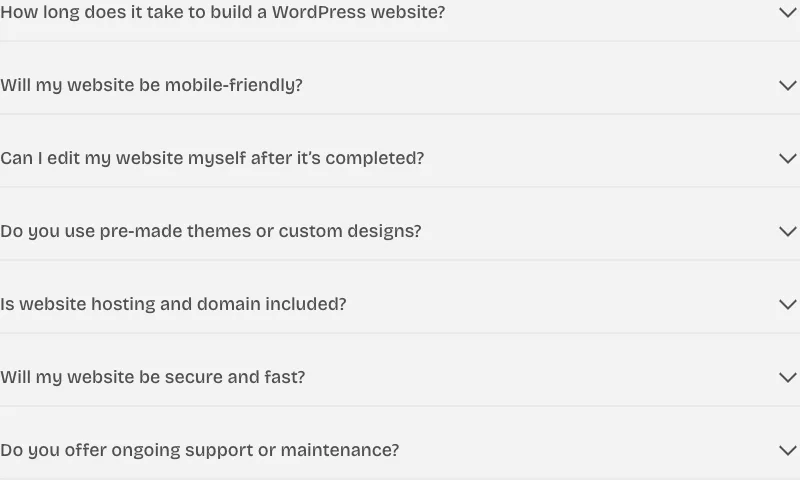 The seven-question FAQ accordion on the onylogy.com contact page, all panes collapsed