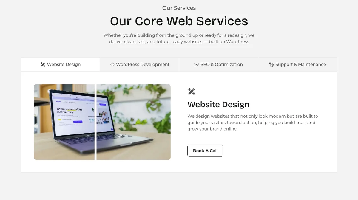The four-tab services section on the onylogy.com homepage with icon titles