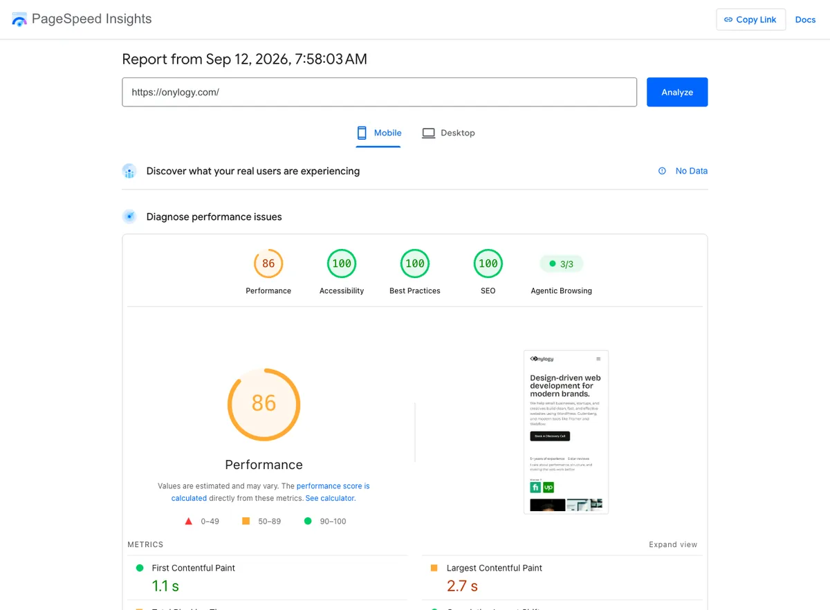 How to Speed Up Your WordPress Site (Core Web Vitals for Beginners) 2 PageSpeed Insights mobile report for onylogy.com showing an 86 performance score and 2.7s LCP