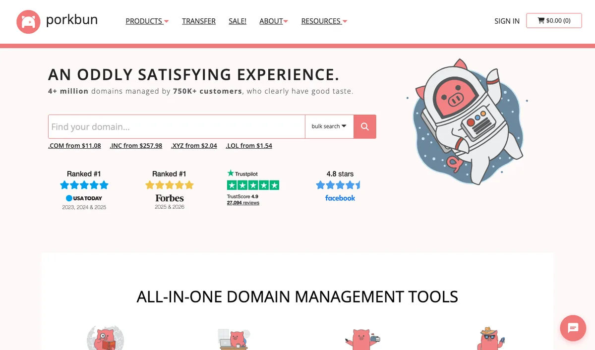 Porkbun homepage showing .com domains from $11.08 with free WHOIS privacy