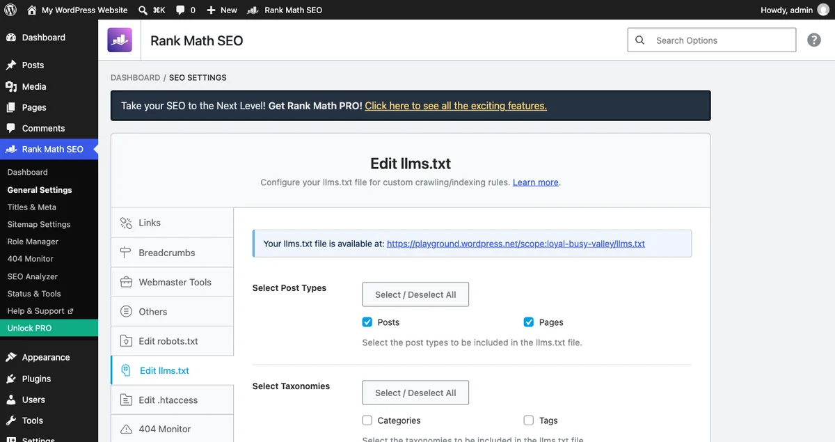The Rank Math setting that generates an llms txt file on a WordPress site