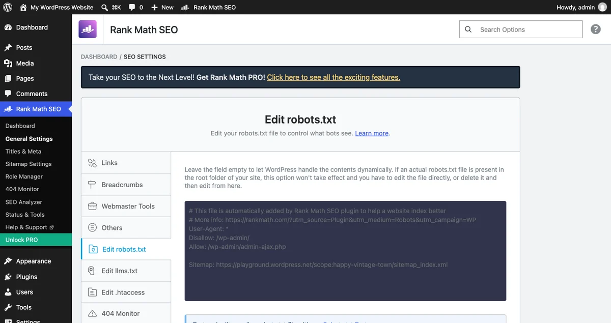 Editing the WordPress robots txt file in the Rank Math settings screen