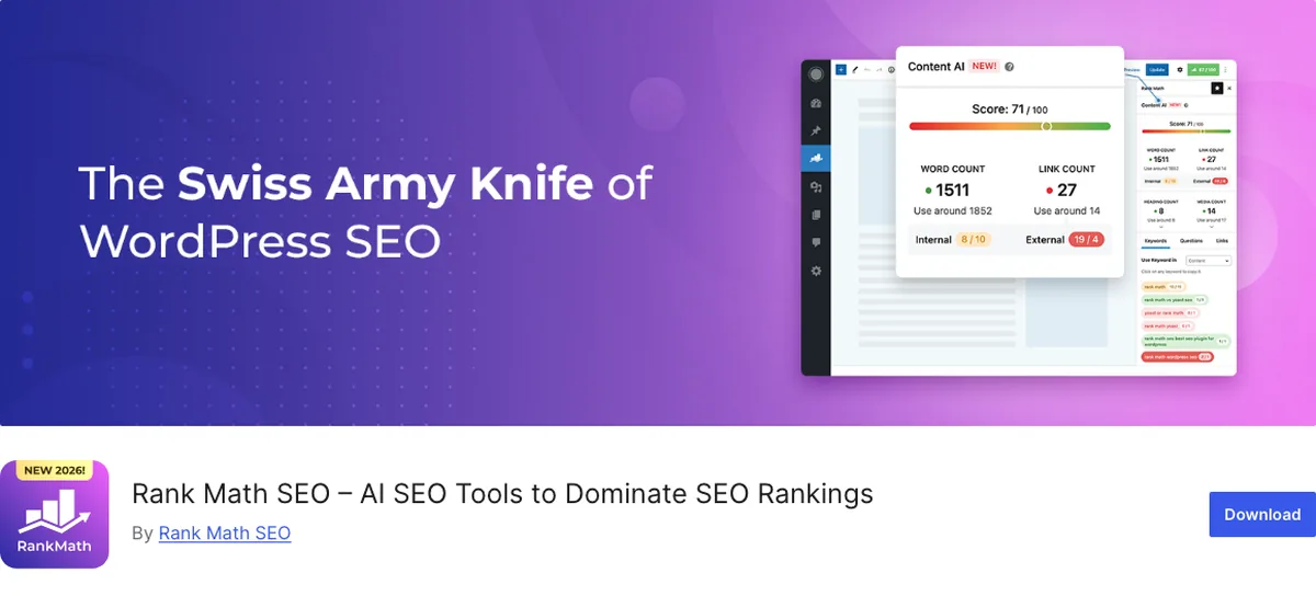 Top 6 WordPress SEO Plugins for Beginners 1 Rank Math SEO plugin page on WordPress.org, the best free WordPress SEO plugin