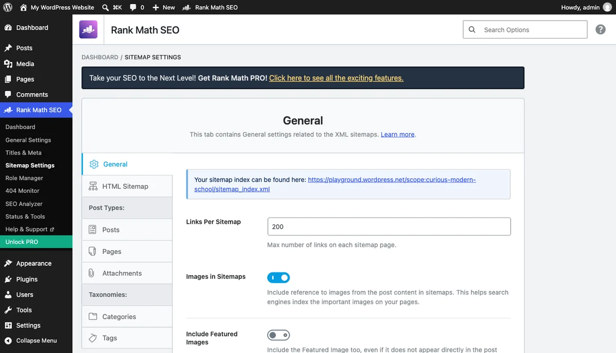Rank Math sitemap settings controlling which post types appear in the WordPress sitemap xml