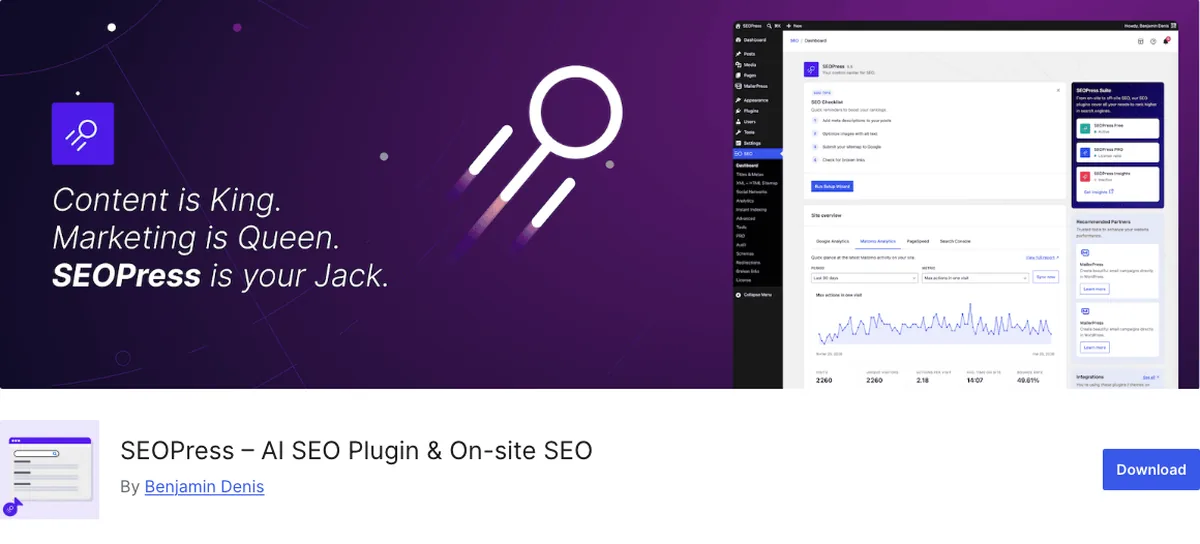 Top 6 WordPress SEO Plugins for Beginners 4 SEOPress plugin page on WordPress.org, ad-free SEO plugin