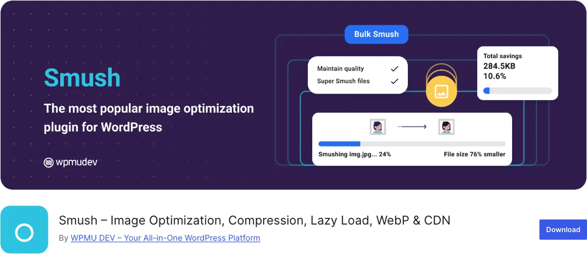 Top 6 Image Optimization Plugins for WordPress 3 Smush image optimization plugin page on WordPress.org with bulk smush preview