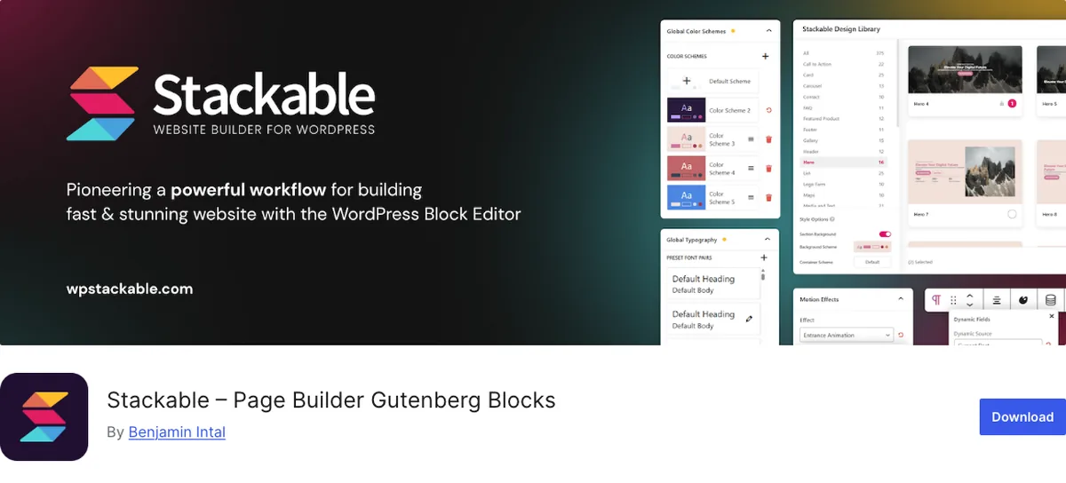 Kadence Blocks vs Spectra vs Stackable: Comparing Gutenberg Block Plugins 4 Stackable page builder Gutenberg blocks plugin page on WordPress.org