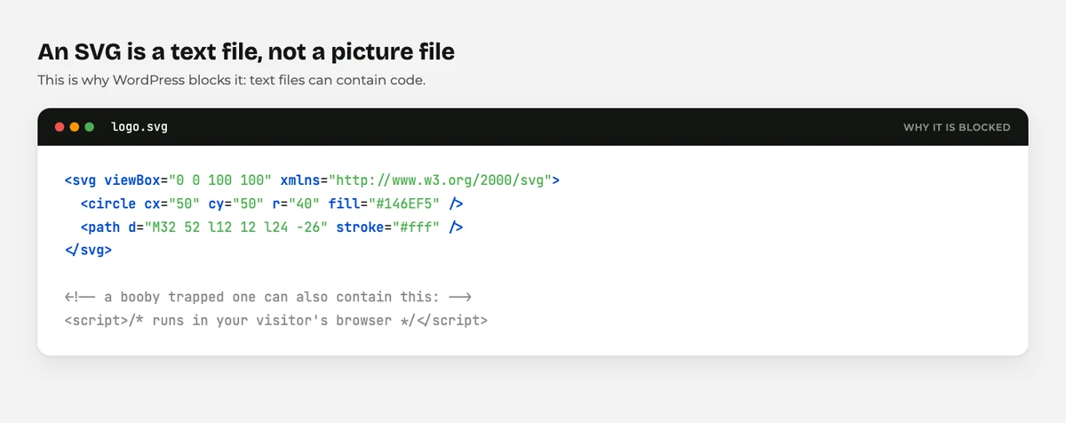SVG Files in WordPress: Can You Upload Them, and Should You? 1 An SVG file open in a text editor showing it is XML, not pixels