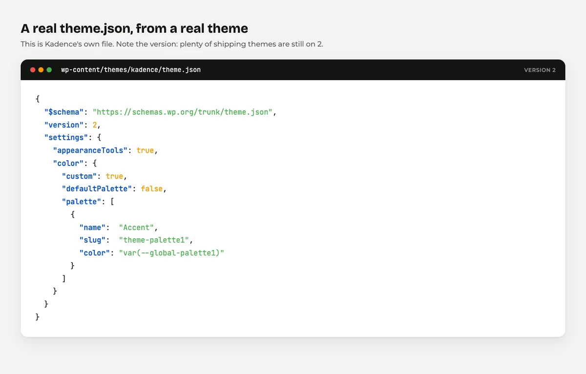 A WordPress theme json file open in a code editor showing the colour palette