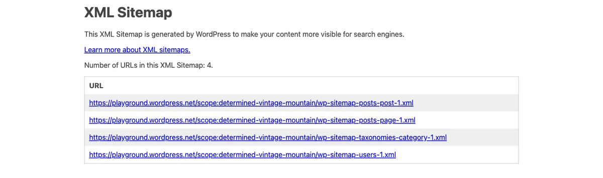 The core WordPress sitemap xml index shown in a browser