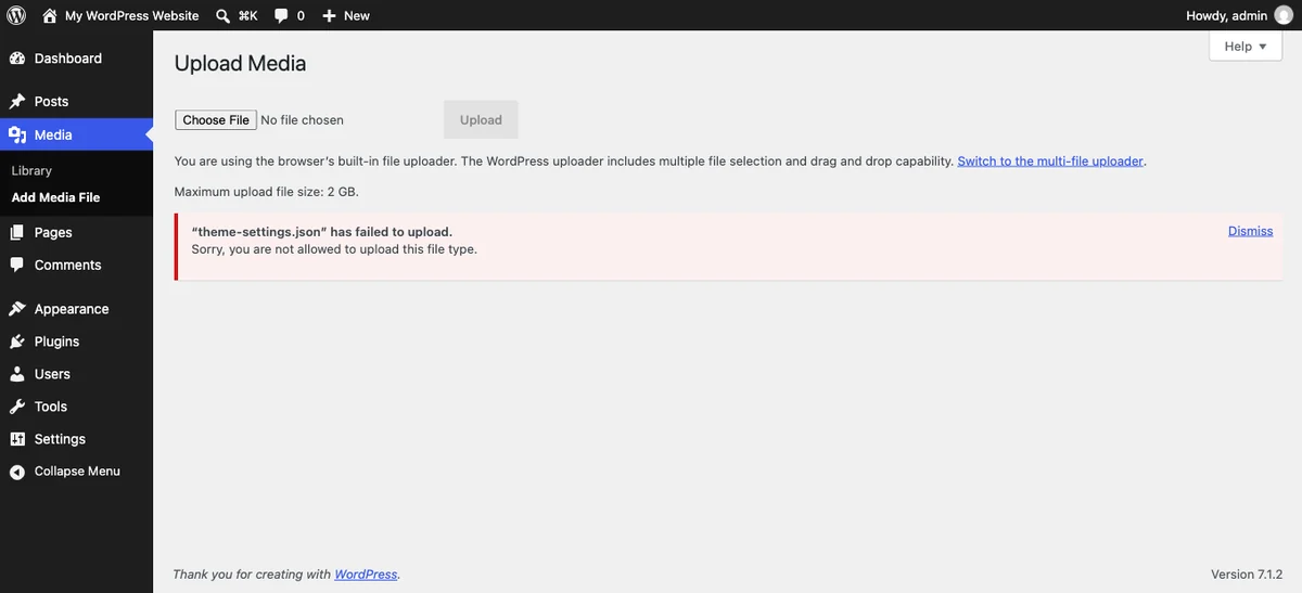 WordPress File Types Explained: A Complete Beginner's Guide 2 WordPress rejecting an upload with the you are not allowed to upload this file type error