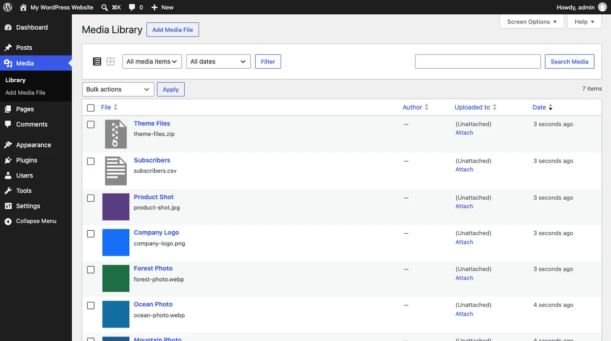 WordPress File Types Explained: A Complete Beginner's Guide 1 A WordPress Media Library holding several allowed file types side by side