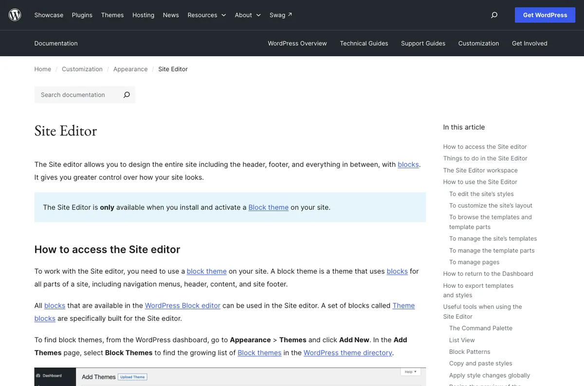 WordPress documentation page for the Site Editor on block themes