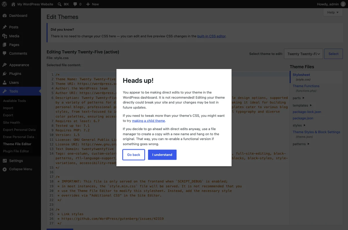 How to Edit WordPress Files Safely (4 Methods Compared) 2 The WordPress Theme File Editor showing its warning about breaking the site