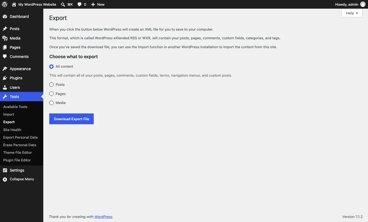 What Is an XML File? A Plain English Guide for WordPress Users 1 The WordPress Tools Export screen producing an XML WXR file