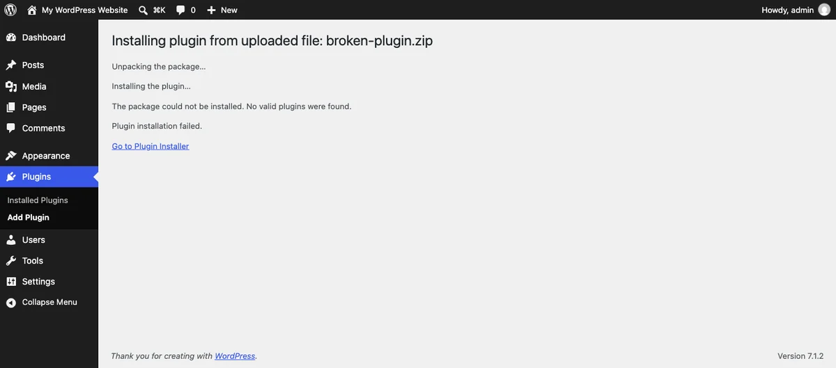 How WordPress Uses a Zip File (And Why Yours Won't Install) 2 WordPress showing the no valid plugins were found error after a zip upload