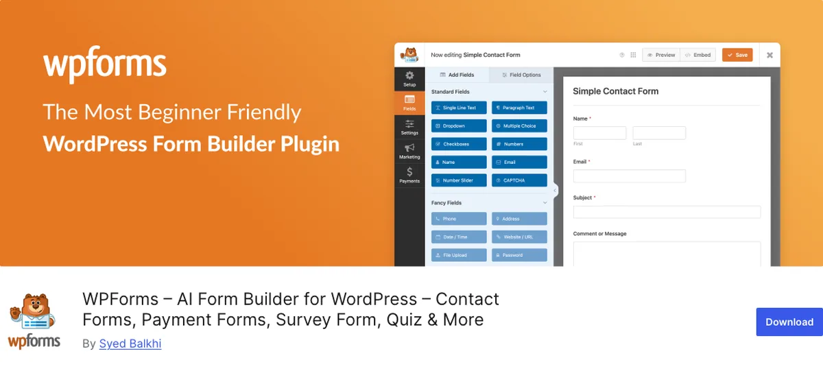 WPForms contact form plugin page on WordPress.org, 5 million installs