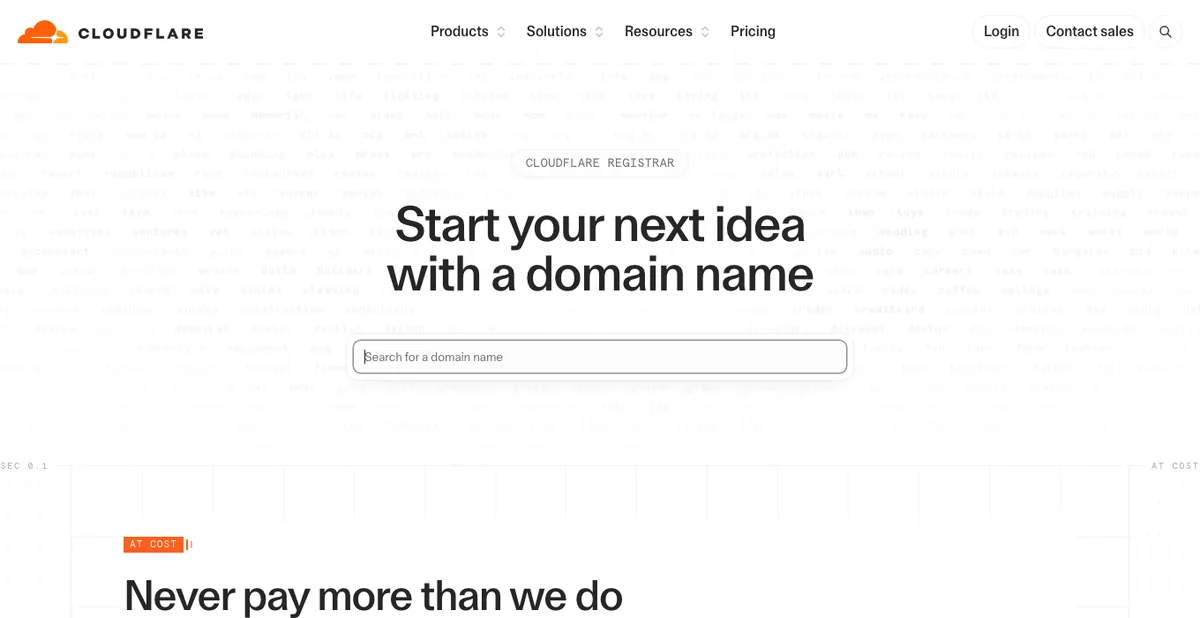 What Is a Domain Name and Where Do You Buy One? (Beginner Guide) 5 Cloudflare Registrar page with domain name search and at cost pricing