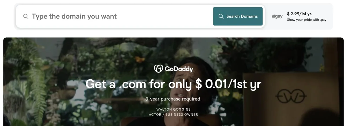 What Is a Domain Name and Where Do You Buy One? (Beginner Guide) 4 GoDaddy homepage offering a .com domain name for one cent with a 3 year purchase