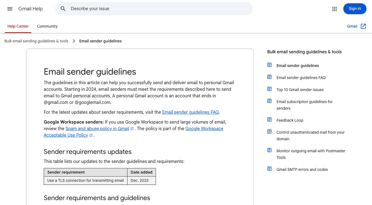 Google email sender guidelines requiring SPF, DKIM and DMARC for domain management