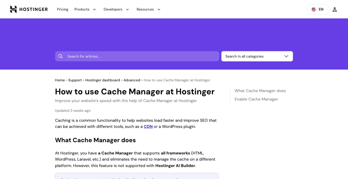 Hostinger Cache Manager help article explaining LiteSpeed server caching in hPanel