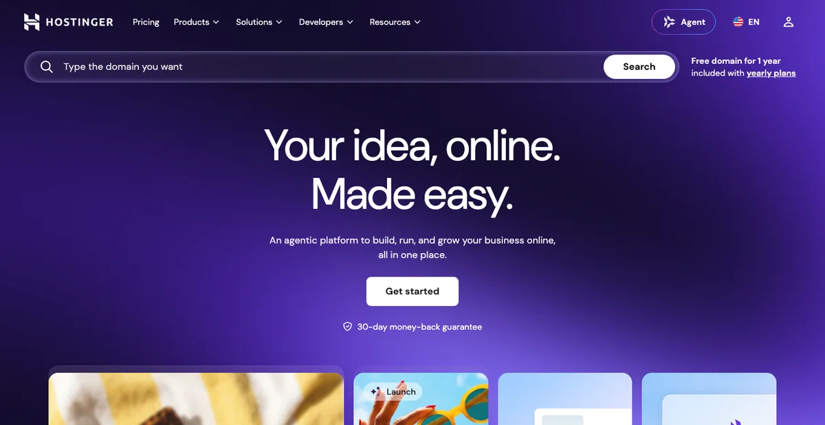 What Is Web Hosting? A Simple Beginner Guide (and Where to Buy It) 1 Hostinger homepage, beginner friendly web hosting with domain search