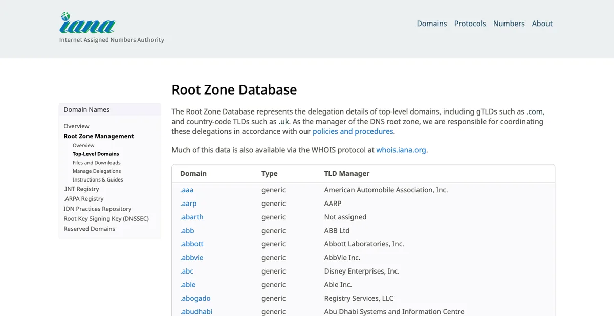 What Is a Domain Name and Where Do You Buy One? (Beginner Guide) 1 IANA Root Zone Database listing domain name extensions such as .com and .org