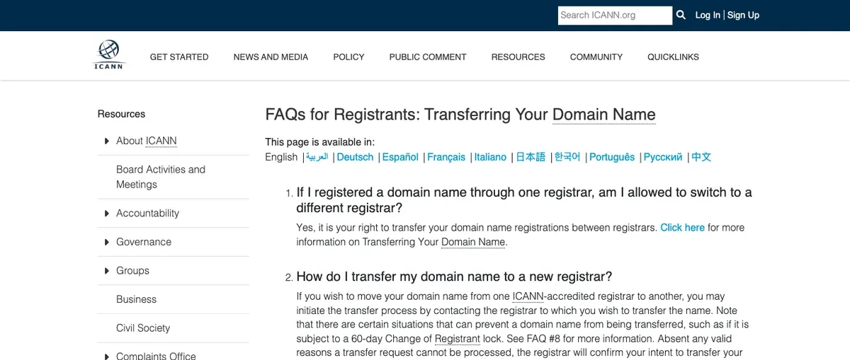 ICANN domain name transfer FAQ explaining transfer codes and 60 day locks