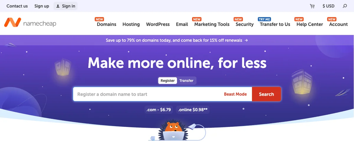 What Is a Domain Name and Where Do You Buy One? (Beginner Guide) 2 Namecheap homepage with domain name search, a popular domain registrar for beginners