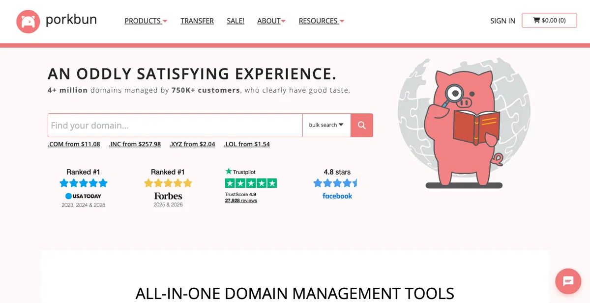 What Is a Domain Name and Where Do You Buy One? (Beginner Guide) 6 Porkbun homepage with domain name search and .com from $11.08