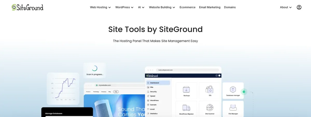 SiteGround Site Tools demo showing the hosting management dashboard sections