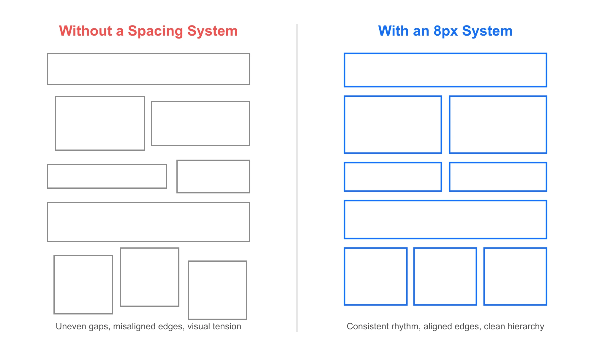 The 8-Point Grid System — Spacing, Typography, and Breakpoints Explained 2 Before and after 8px spacing systemization comparison